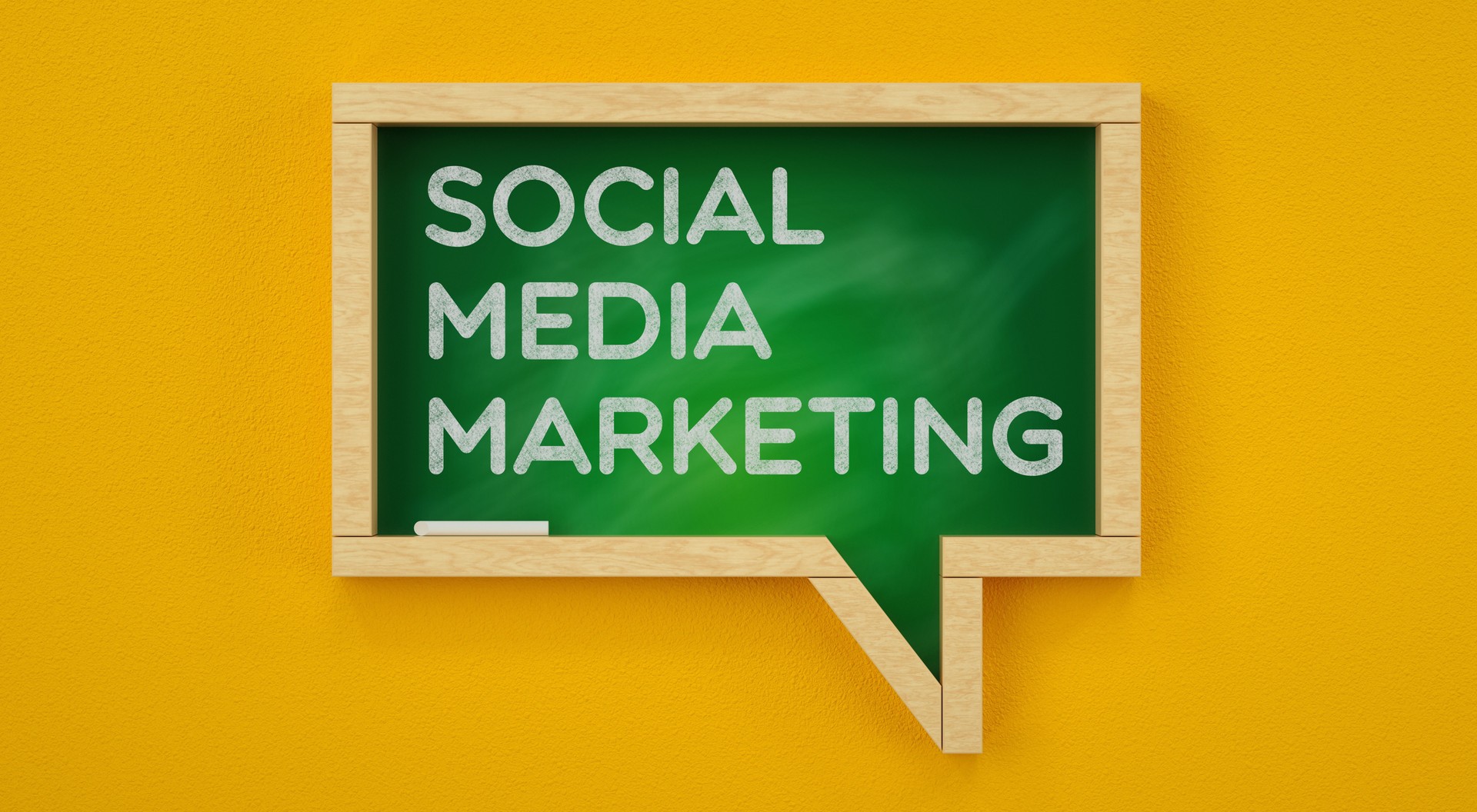 A green chalkboard in a speech bubble shape with "Social Media Marketing" text, wooden frame, bright yellow background, symbolizing modern business communication. 3D render.